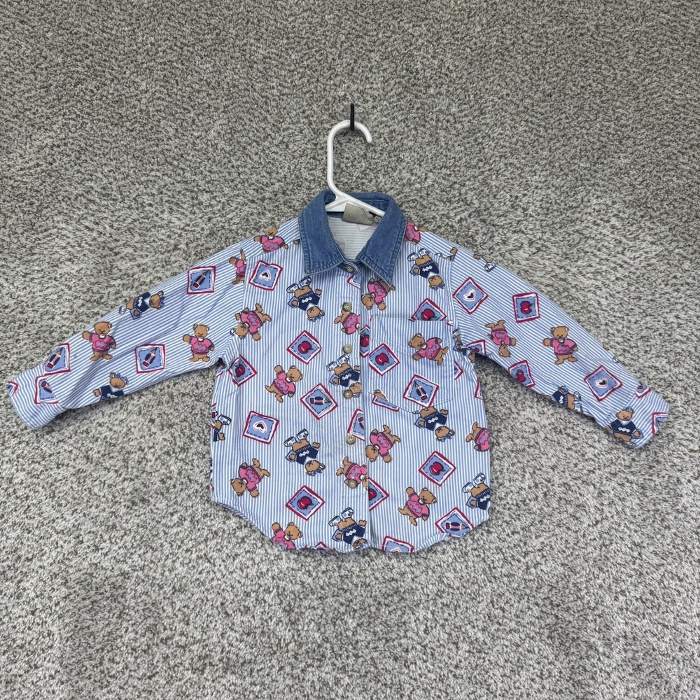 VTG 90s Route 66 Shirt Girls Size 4 Chambray Button Up Denim Collar AOP Bears
